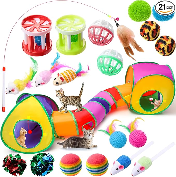 21 Pcs Cat Tunnels for Indoor Set, 3 In1 Collapsible Cat Tunnel Toy with Cube Tent Toys Combo and 20 Pcs Interactive Kitty Toys Feather Toy Fluffy Mouse Crinkle Balls for Kitten Puppy