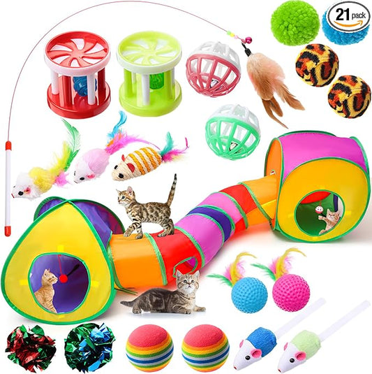 21 Pcs Cat Tunnels for Indoor Set, 3 In1 Collapsible Cat Tunnel Toy with Cube Tent Toys Combo and 20 Pcs Interactive Kitty Toys Feather Toy Fluffy Mouse Crinkle Balls for Kitten Puppy