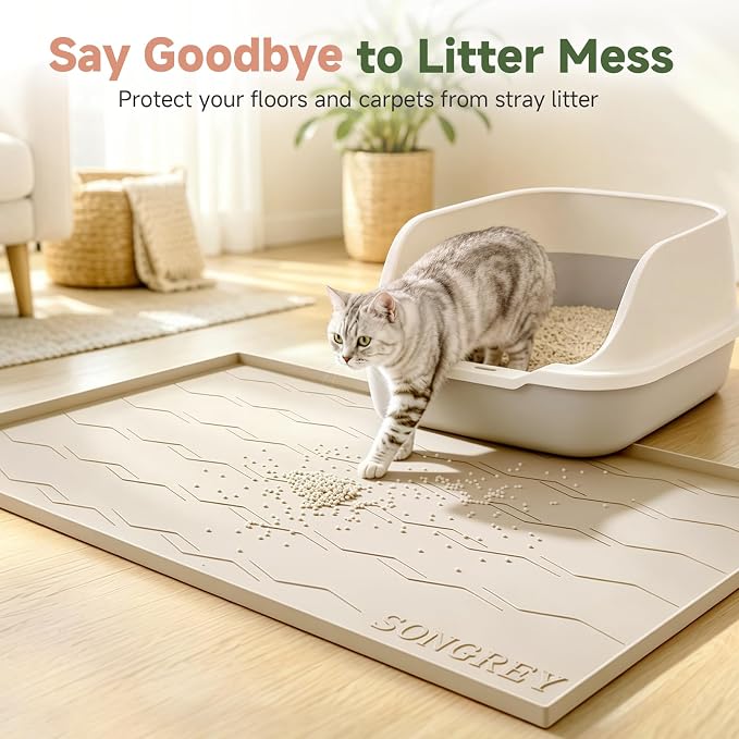 Songrey Silicone Cat Litter Mat 24" x 16", Large Litter Trapping Mat, Beige | Waterproof, Urine-Proof Litter Box Mat for Floor, Soft on Kitty Paws, Easy To Clean, Cat Supplies, Pet Feeding Mat