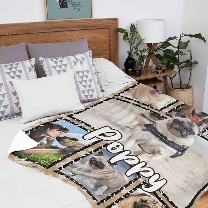 Custom Dog Pet Photo Memorial Blanket Dog Animal Footprint Personalized Loss of Dog Memorial Fleece Blankets Ultra-Soft Micro Throw Blanket Gift for Kids Grieving Pet Owner 50X60 Inch