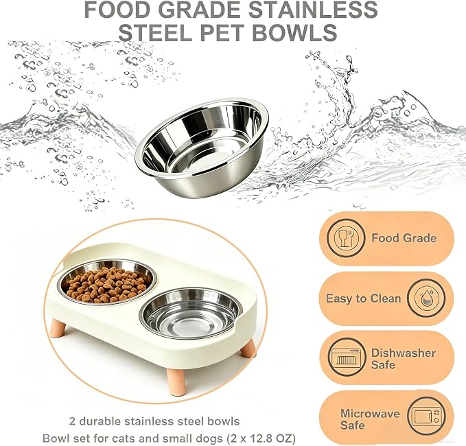 Elevated Dog Bowl, Raised Feeding Stand with Mat for Small Dogs Under 25 Lb | 2 Stainless Steel Pet Raised Bowls for Cats and Puppies, Splash Proof, Dishwasher Safe, with Stain-Resistant Quick-Dry Mat