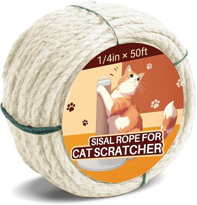 Sisal Rope for Cat Scratcher 1/4" 50 Ft Cat Tree Twine for Repairing Cat Scratching Post Replacement DIY Hemp Rope for Carpet Mat, Pet, and Crafts Gardening Home Decorating