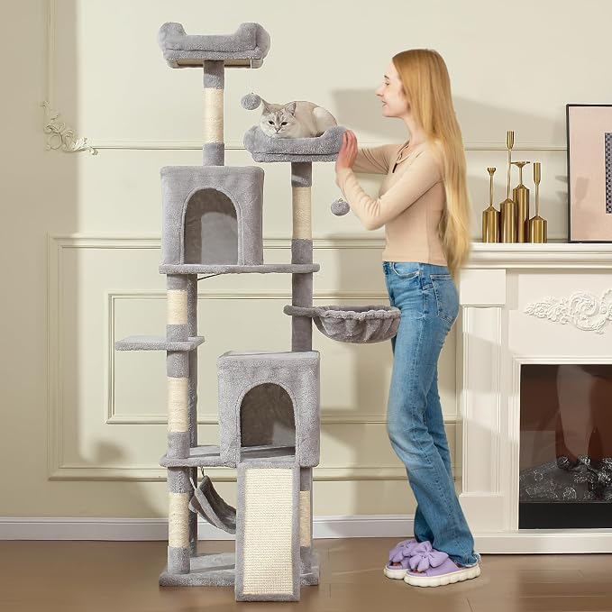 Letkind Cat Tree, 70-Inch Cat Tree Tower with Hammock, Scratching Post, Condo and Multi-Level Cat Tower, Large Cat Activity Center Playhouse, Light Gray LCT015