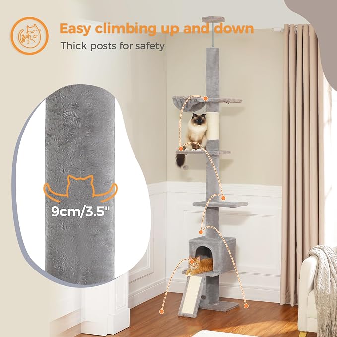 PEQULTI Floor to Ceiling Cat Tree, Adjustable 83-108in 5-Level Tower, Grey | Tension-mounted tall cat tower with 5 levels, cozy condo, hammock & sisal scratching post; wide base for indoor adult cats