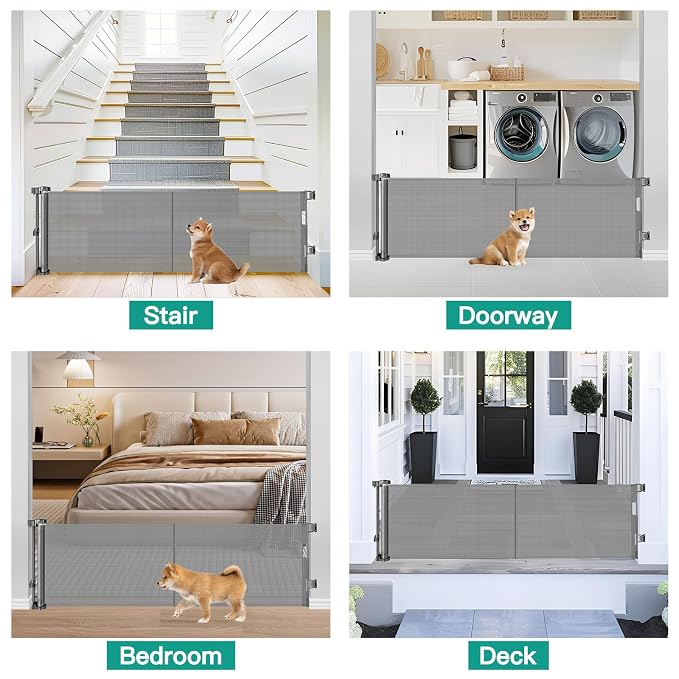 20 Inches Tall Retractable Short Dog Gate to Step Over, Short Pet Gates for The House, Extends up to 55" Wide, Small Dog Gate Indoor Puppy Gate Mesh Doggie Gates Low Dog Gate (Gray)