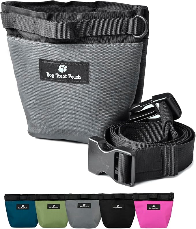 Dog Treat Pouch for Training, Magnetic Closure, Hands-Free (Gray) | Dog Treat Bag, Holds Up to 2 Cups, Adjustable Waist Belt for Puppy Training & Walking