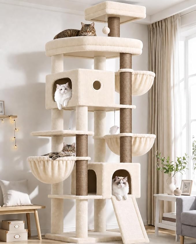 Globlazer F83C Pro Max Heavy Duty Maine Coon Cat Tree, 83in Tall Tower | Easy Assembly, Large Cats, 2 Condos, 3 Hanging Baskets, 2 Perches, 7 Sisal Scratching Posts, Anti-Topple Strap, Beige