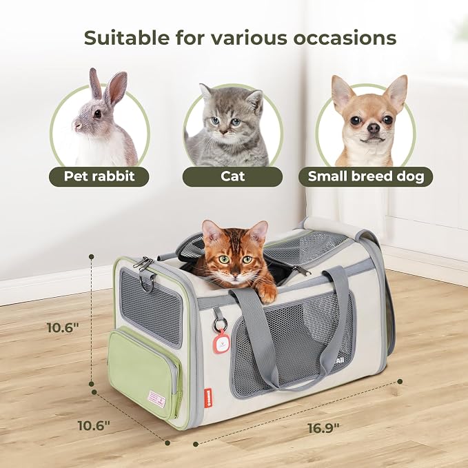 Pawaii Cat Carrier Airline Approved Expandable Breathable Safety Leash | Up to 13 lbs, 16.9 x 10.6 x 10.6 in, QR pet ID tag, top entry, luggage sleeve, soft fleece pad, foldable storage