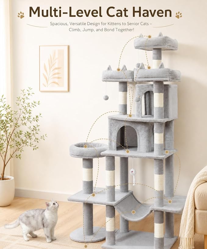 Cat Tower, 71 Inch Heavy Duty Cat Tree for Large Cats | Tall Multi-Level Cat Tree Tower with Extended Base, 2 Condos, 3 Perches, 9 Sisal Posts & Hammock for Indoor Adult Cats, Grey