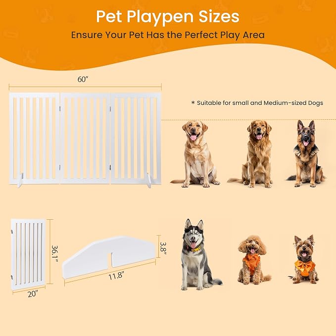 ZENY 36" H Pet Dog Gate, Foldable Freestanding Dog Door 3 Panel, Wooden Z Shape Step Over Pet Fence for Entryway, Stairs, Doorway, White