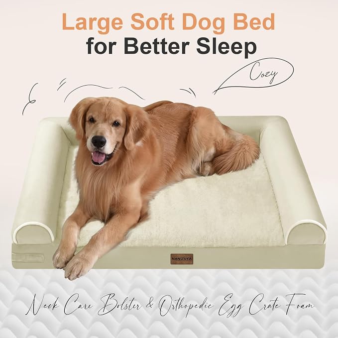 NANUYA Orthopedic Dog Bed for Medium Dogs, 28 x 19 Inch, Beige | Egg crate foam for joint support, 3-sided bolster pet sofa, waterproof lining, washable cover, and non-skid base