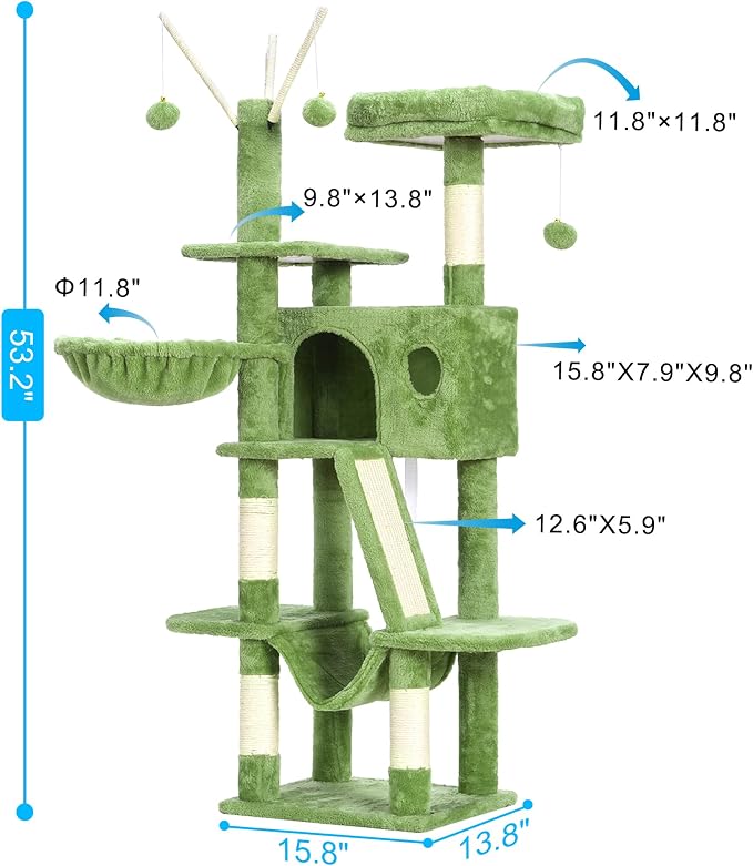 Hey-brother Cat Tree Tower with Padded Platform Bed, Hammock, MPJ019-SGR | 53 Inches Cat House with Large Cozy Condo, Toy Balls and Sisal Scratching Posts for Indoor Multi-Cats, Green