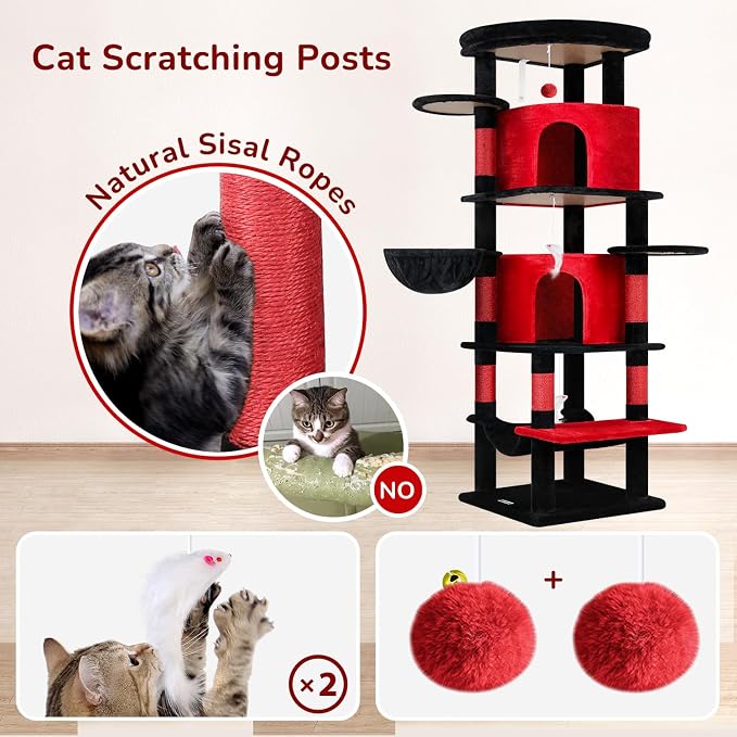 Globlazer 66in Gothic Corner Cat Tree for Indoor Large Cats, C66, Black Red | Space-Saving Stable Goth Cat Tower with 6 Scratching Posts, 2 Large Fan-shaped Condos & Top Perch, Hammock, Climbing Steps