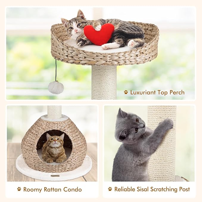 28-inch Modern Cat Tree, Small Cute Cat Tower Sisal Scratching Post, Hand-Made Wicker Condo and Top Perch, Interative Dangling Ball, Ideal for Indoor Cats