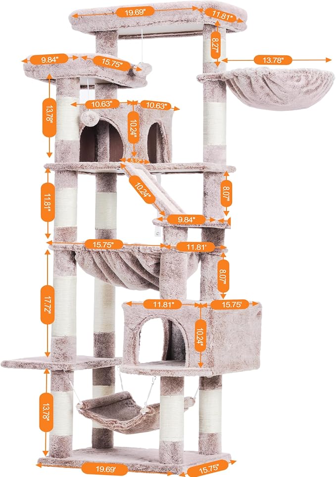 Heybly Cat Tree, 71-Inch-Tall Tower for Indoor Cats with 2 Perches HCT034MU | Large Cat Furniture with 2 Big Condos, 2 Hammocks, Basket, Scratching Pad, Multi-Level Cat Condo, Rosy Brown