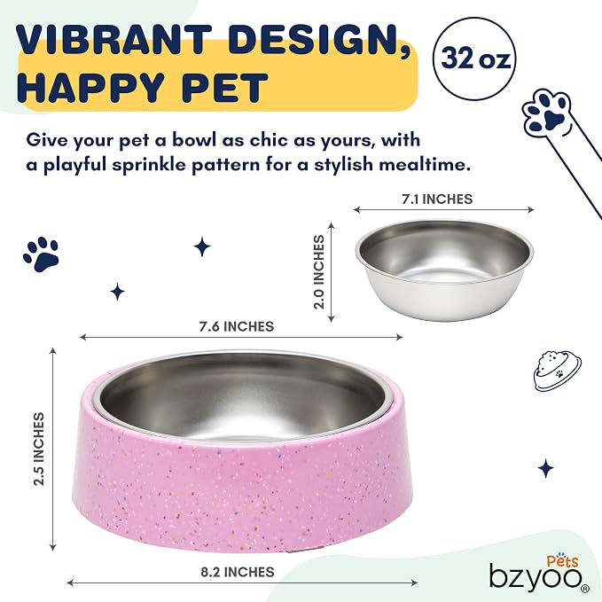 bzyoo 32oz 4CUP Dog & Cat Bowl, Sprinkle Design, Slanted Stainless Steel Pet Bowl with Removable Inner Bowl, Non-Slip Silicone Base, Dishwasher Safe, for Dry/Wet/Raw Food & Water (Pink)