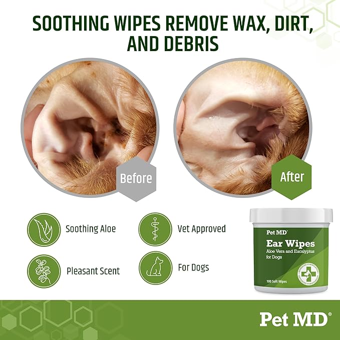 Pet MD Dog Ear Cleaning Wipes – Otic Cleanser for Dogs, Soothing Ear Care with Aloe Vera & Eucalyptus, Regular Wipes, 100 Count