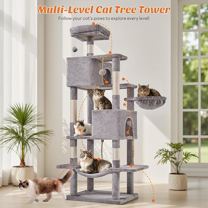 DUMOS Large 66 Inch Cat Tree Tower with Scratching Posts, Indoor Use | Tall Multi Level Cat Climbing Tower with Hammock, Pet Condo for Cats and Kittens Play, Light Gray