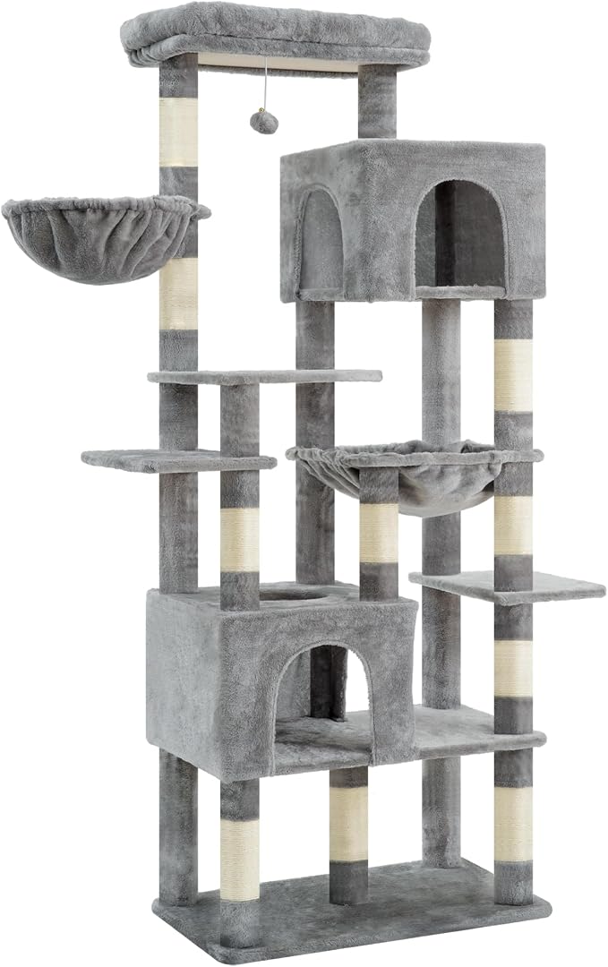 Heybly Cat Tree, 76-Inch Tall Heavy Duty Cat Tower for Big Cats HCT039W | Multi-Level Large Cat Furniture with Extra Wide Baseboard, 2 Condos & 2 Hammocks, 10 Scratching Posts, Light Gray