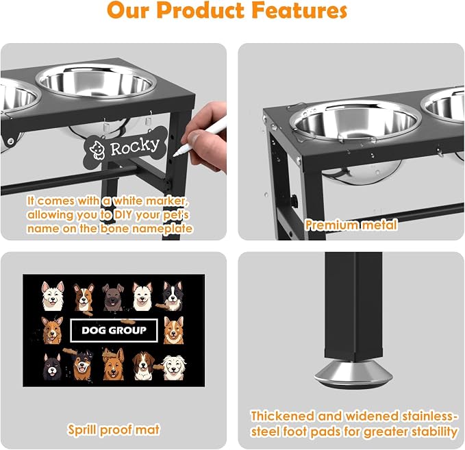3-in-1 Slow Feeder Dog Bowl Stand, Elevated Raised Feeder with 1 Slow Feed & 3 Stainless Steel Bowls, Iron Stand, Custom Name Plate & Mat - Easy Clean for Fast Eaters, Multiple Dogs