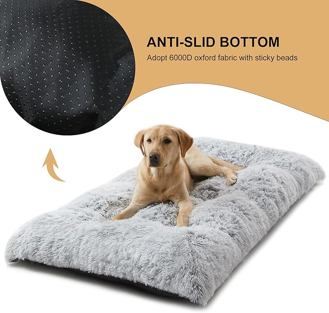 BFPETHOME Dog Bed for Large Dogs, Plush Kennel Pad for Sleeping &Ease Anxiety, Washable Mats with Anti-Slip Bottom - 48 x 28 inch, Grey