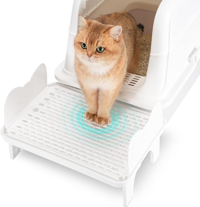 Uross Cat Litter Box Step, Extra Large Litter Box Ramp/Stairs with Detachable Splash-Proof Side Baffles, Anti-Tracking Litter Catcher, Easy to Clean, Non-Slip Step for Small & Elderly Cats (White)
