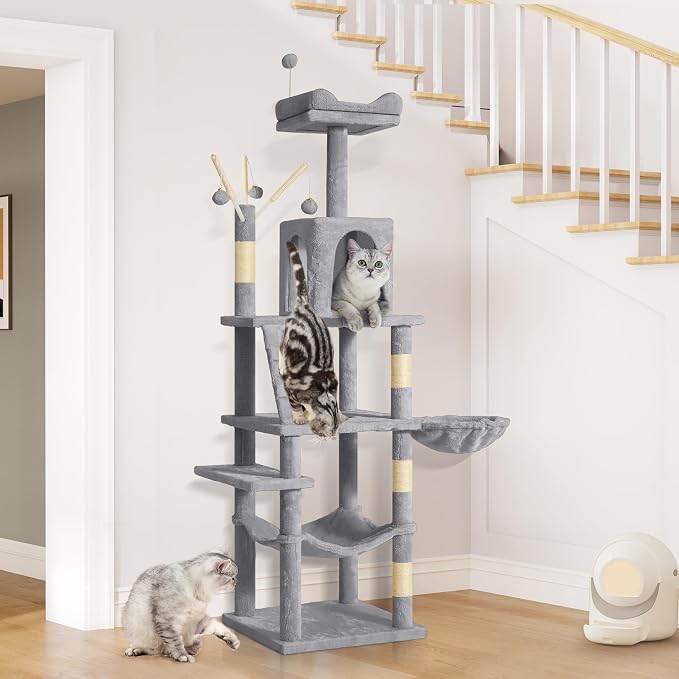 YITAHOME 64.5" Cat Tree, Multi-Level Cat House, Large Cat Condo Furniture with Perch Hammock, Scratching Posts and Dangling Balls for Kittens, Cats and Pets, Light Gray