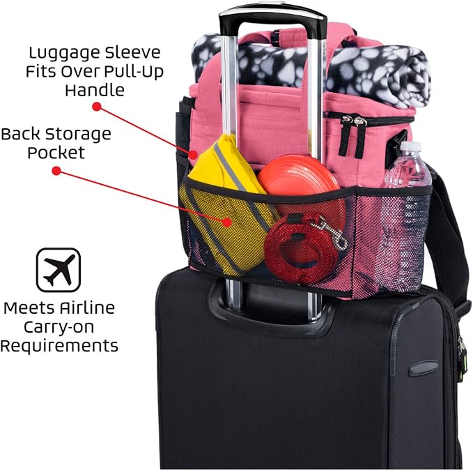 Mobile Dog Gear, Week Away Dog Travel Bag for Small Dogs, Includes Lined Food Carriers and 2 Collapsible Dog Bowl, Pink