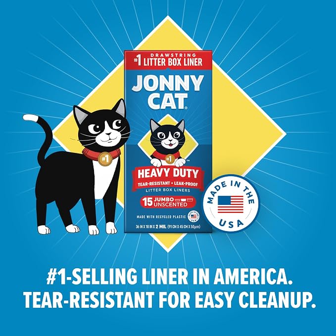 Jonny Cat Litter Box Liners: Heavy Duty - Tear & Leak Resistant - Drawstring Close - Jumbo, 15 Count
