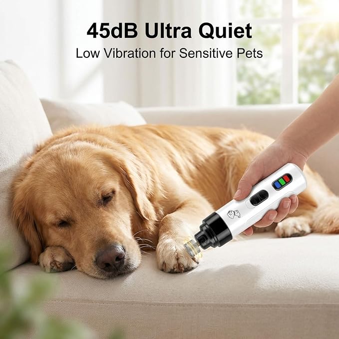 Upgraded Dog Nail Grinder Quiet, Professional Cat & Dog Nail Trimmers, 2-Speed Silent Pet Nail Grinder and Painless Paws Grooming, Suitable for Small Medium Pets (2 Replacement Head)