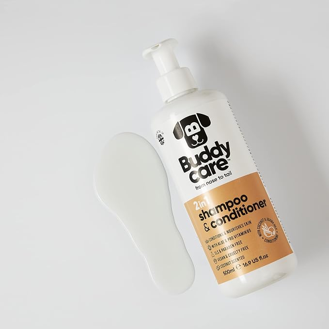 Buddycare 2in1 Dog Shampoo and Conditioner (16.90oz) | Coconut Scented Dog Shampoo Sensitive Skin | Hypoallergenic Itch Relief for Smelly Dogs | Essential Dog Grooming Supplies