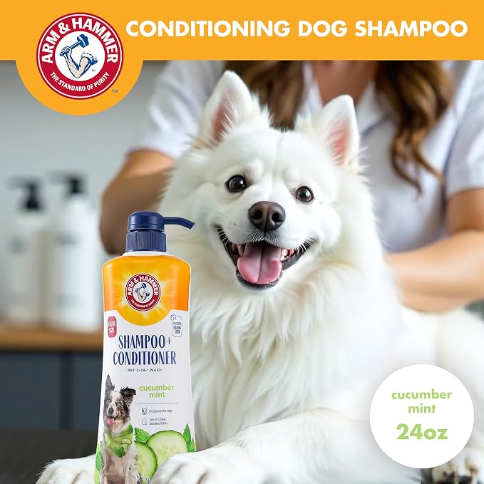 Arm & Hammer 2-in-1 Dog Shampoo & Conditioner, Cucumber Mint, 24 Fl Oz | Baking soda odor eliminating formula, pump dispenser included, value size, for daily grooming routine