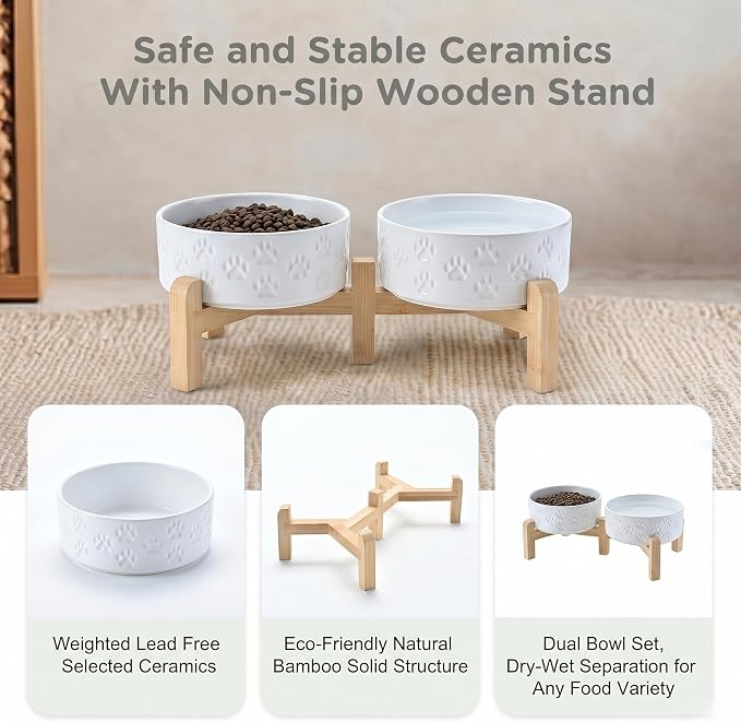 SPUNKYJUNKY Elevated Dog Bowls Ceramic, 5.1'' Dogs and Cat Food Water Bowls Raised with Non-Slip Bamboo Stand for Puppy Small Sized Breed Microwave Dishwasher Safe - 13.5 OZ,Paw White