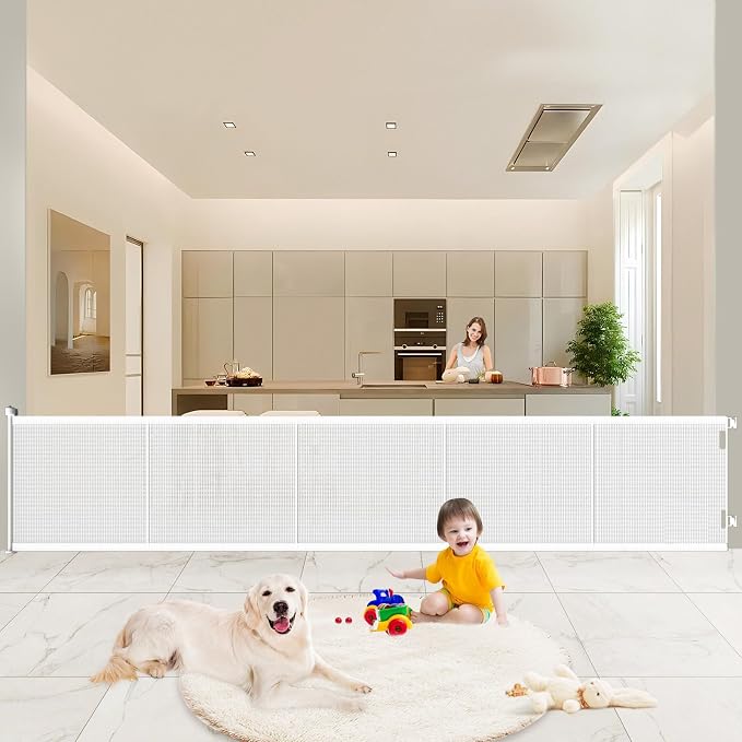 Pawtners Retractable Baby Gates Extra Wide, 41" Tall Extends up to 120" Wide, Dog Gate Indoor for Stairs, Pet Gate with Support Rods for Doorways Hallways Indoor & Outdoor-White