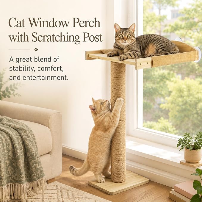 Cat Window Perch with Tall Scratching Post, Solid Wood Window Perch for Cats with Heavy Duty Suction Cups, Indoor Cat Tree for Sleeping, Playing, Sunbathing