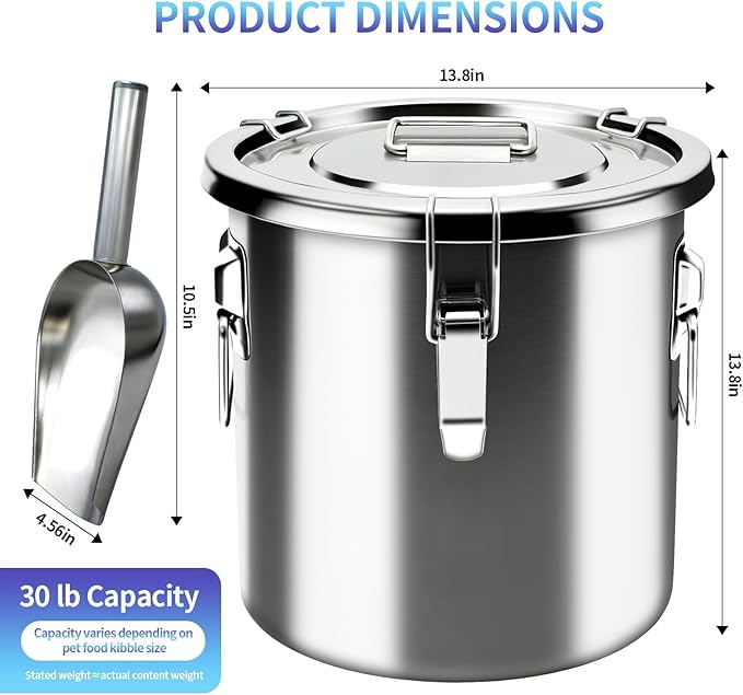 30 lb Stainless Steel Dog Food Storage Container, Airtight Metal Pet Food Storage Bin with Lid and Scoop, Large Dog Food Container for Dry Food, Keep Fresh, Easy to Clean