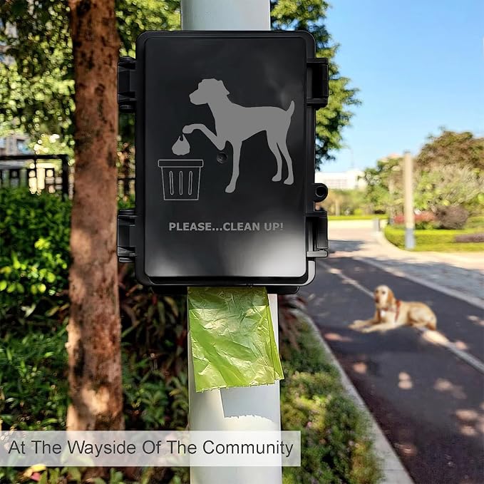 Dog Poop Bag Dispenser Wall Mounted Waterproof Outdoor Pet Waste Bags Dispenser Station with Cute Doggie Poo Images Post, Pole, Fence Mountable fits Home, Porch, Patio, Yard（black,only dispenser)
