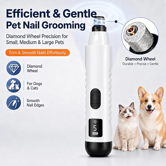 Silent Pro Nail Grinder for Dog Quiet Trimmers File 5 Speed Pet Clippers to Cats Grooming Tool Toenail Cutter Electric Whisper Puppy Guard Light Supplies Helper with 2 Sanding Pads Accessories
