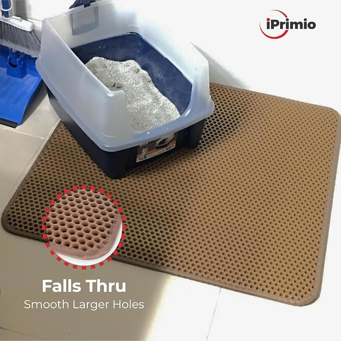 iPrimio Cat Litter Trapper Mat, Waterproof, Double Layer, 30" x 23", Brown | Double layer honeycomb traps scattered litter while the waterproof base blocks urine. Soft on paws and empties in one pour.
