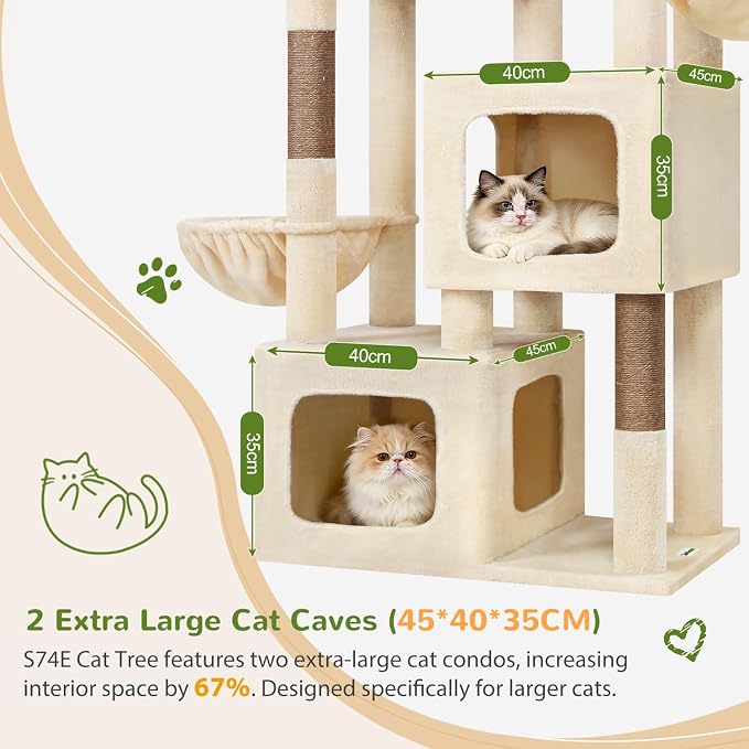 Globlazer S74E Pro Heavy Duty Maine Coon Cat Tree for Large Cats, Beige | 74in Sturdy Multi-Level Tall Cat Tree Tower for Indoor Adult Cats with Scratching Posts, 2 Cat Condos, 2 Top Perches
