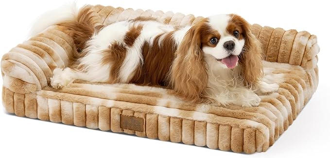 COZY KISS Faux Rabbit Fur Small Dog Bed – 30"x20" Orthopedic Foam Couch with Sides, Removable Washable Cover & Waterproof Lining, Tie-Dye Brown