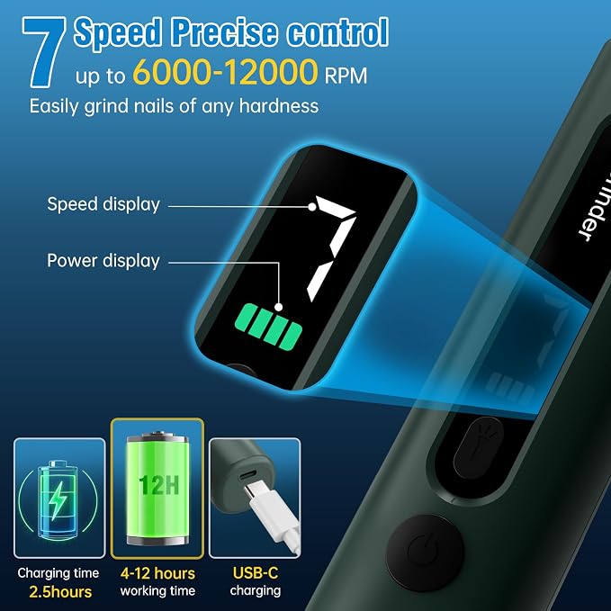 Dog Nail Grinder, Safe Electric Pet Nail Trimmer for Dog Grooming | 7-Speed Adjustable, Quiet Low Vibration, LED Light & Sponge Dust Collector, Painless Trimming, Storage Bag (Black & Green)