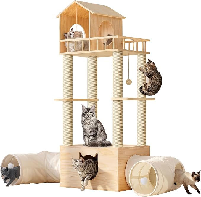 Wood Cat Tree with 2 Tunnels, 61''H Cat Tower for Adult Large Cats | Sturdy & Durable Pet Climbing Systems for Indoor, Multi-Level Wooden Tower with Scratching Posts, Runway, Burlywood