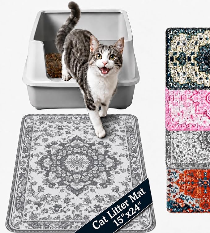 PUPIBOO Cat Litter Mat, Litter Trapping Mat, and Washable Cat Pee Pad | Cat litter box mat and cat food mat, 15x24in, 4-layer, OekoTex-, non-slip, washes up to 500 times