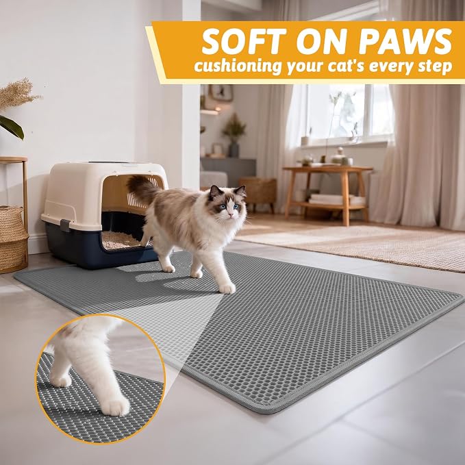 Pieviev Cat Litter Box Mat, Double-Layer Urineproof Design, 47" x 36" Gray | Honeycomb Litter Trapping Mat Captures Scattered Particles to Stop Tracking, Waterproof Base Protects Floors, Easy to Clean