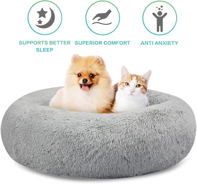SAVFOX 20 inches Calming Donut Dog Bed - 3X Durable Plush Faux Fur, Machine Washable & Non-Slip, Fits up to 15 lbs, Light Grey