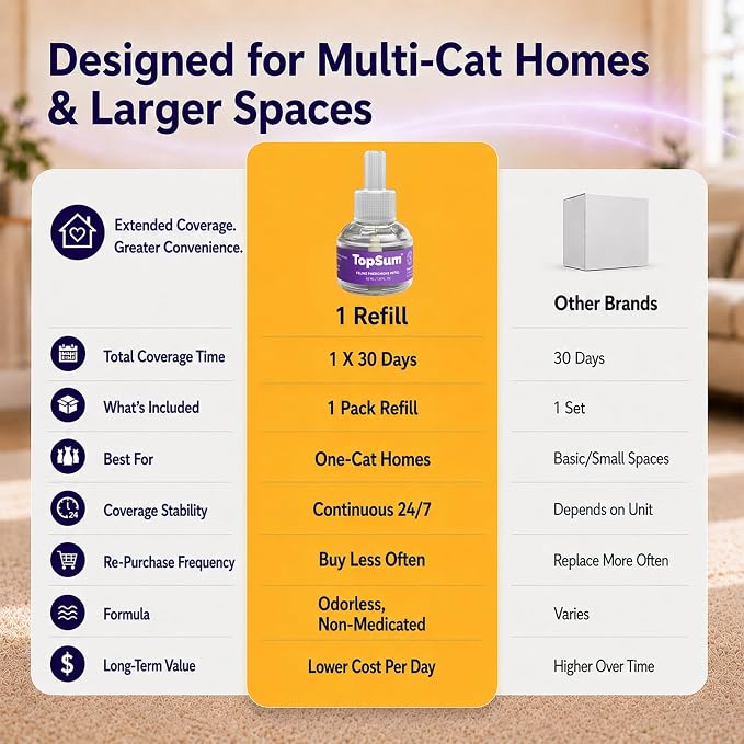 TopSum Cat Calming Pheromone Diffuser: Feline Pheromones Plug in for Stress, Alone At Home, Spraying, Fighting, Scratching, Aggression & Excessive Meowing (1 Refill)