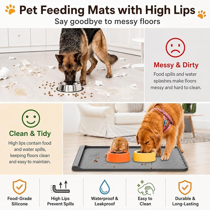 Dog Food Mat 36"x24" - Silicone Dog Mat for Food and Water Large Pet Feeding Mats with Residue Collection Pocket - Waterproof Dog Cat Bowl Mat with High Edges to Prevent Water Food Spills (Gray)