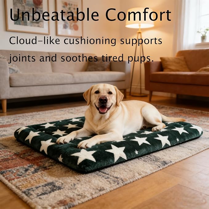 Dog Bed Mat, Reversible Crate Pad & Durable Dog Bed - Machine Washable Kennel Mat with Ultra Soft for Large Dogs (Big&Small Stars Green, 35" L*23" W*1.5" Th)