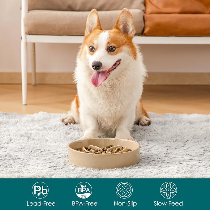 vancasso Ceramic Slow Feeder Dog Bowls, Puzzle Dog Food Bowls with Floral Maze, Anti -Slip Pet Food Dish for Medium Breed, 1.5 Cups, Brown